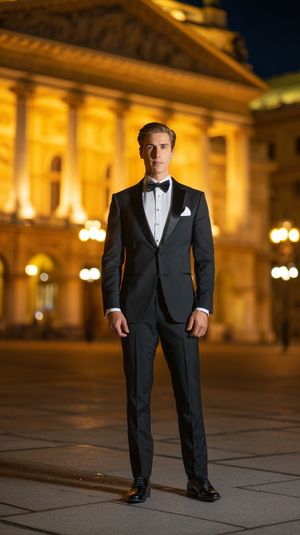 A premium, high-fashion editorial night portrait of a sharply dressed man as the clear hero, standing full-length in a quiet city square before a grand neoclassical opera-house façade; he wears an ink-black tuxedo with subtle satin lapels, black bow tie, crisp warm-white dress shirt, matching black trousers, and a folded ivory pocket square, with glossy black dress shoes on cool stone pavement, while the building behind him glows in amber-gold. Sculpted low-key lighting mixes a warm architectural wash from camera-left with a cooler cyan street spill from camera-right, creating controlled highlights on the tux and clean shadow shape on his face; shot on a 35 mm lens at f 2.8 ISO 400 1/160 s. The model is tack-sharp with the background softly blurred into elegant bokeh and softened columns/arches. Skin shows realistic fine texture with gentle retouching, light-to-medium fair tone with warm undertones; hair is dark brown, neatly slicked back with a tidy side part; eyes read as dark in the low light; clean-shaven with strong brows, a straight nose, defined cheekbones, and a firm jawline; late 20s to early 30s, ethnically ambiguous, nationality unspecified, tall with an athletic build. Use a large soft key with negative fill for depth, a faint rim for separation, and rich blacks that retain detail; preserve highlight roll-off on shirt and lapels, no blown areas, cinematic tonal depth. Compose with ample negative space, minimal clutter, and a refined, dark-luxe grade with subtle film-like grain and impeccable polish, evoking poised, nocturnal elegance.